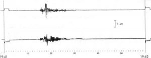 Seismogramm des Wiechert-Seismographen in Göttingen: N-S und E-W Komponenten der Explosion vom 21.12.1992